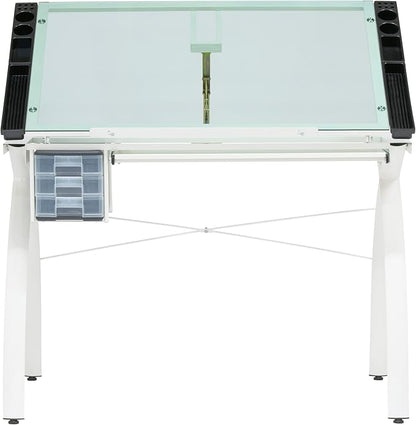 SD STUDIO DESIGNS Futura Craft Station 38" W Drawer and Built-in Pencil Ledge-Tilt Top Drafting Table, Glossy Sage/Clear Glass