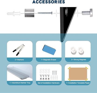 Magnetic Black Glass Board with Eraser Frameless Tempered Glass Dry Erase Blackboard with Marker Tray for Interactive Office, Wall Mounted Frosted Black Glass Board, 48" x 36"