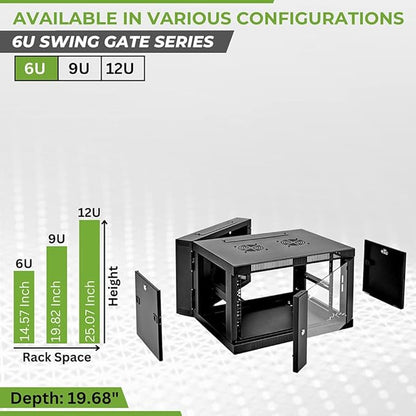 NavePoint 6U Server Cabinet with Hinged Back - 25.5” Deep, 6U Server Rack Enclosure with Locking Glass Door, Wall Mount Rack with Removable Side Panels, 6U Network Cabinet with 2 Fans, Pre-Assembled