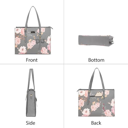 MOSISO Laptop Tote Bag Compatible with MacBook Air 15 inch M2 A2941/Pro 16 inch M3 M2 M1, 15-15.6 inch Notebook, Peony PU Leather Travel Work Briefcase with Detachable Bowknot & Small Purse, Grey