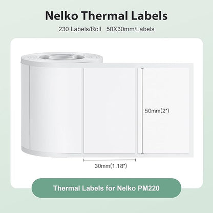 Thermal Labels for Nelko PM220 Label Maker, 2'' x 1.18'' (50x30mm) Thermal Sticker Label, Waterproof, Multi-Purpose Label Tape, 1 Roll of 230 Self-Adhesive Thermal Paper (White)