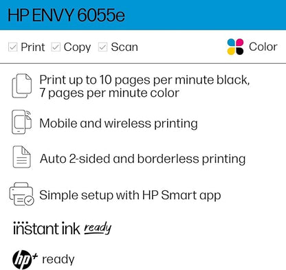 HP ENVY 6055e Wireless Color All-in-One Printer with 3 Months Free Ink with HP+ (223N1A) (Renewed)