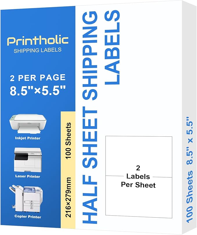 200 Half Sheet Self Adhesive Shipping Labels 8.5" x 5.5" Address Labels for Laser & Inkjet Printers - 100 Sheets, 2 Half Sheet Labels Per Page