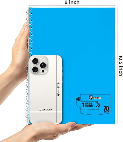1 Subject Spiral Notebook, 12 Pack, Wide Ruled, Water Resistant Cover, Thick 140 Pages/Book (70 Sheets), 8 x 10-1/2, 3 Hole, Assorted Colors, Bulk School & Office