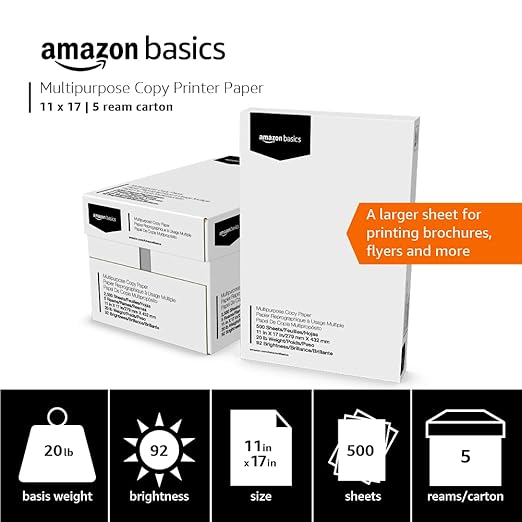 Amazon Basics 92 Bright Multipurpose Copy Paper, 11 x 17 Inches, Pack of 5, 2500 Count, White