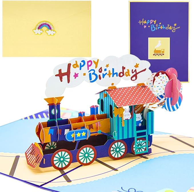 Happy Birthday Train Pop Up Card, 3D Cartoon Train Popup Birthday Gift Cards with Envelope for Father, Kids, Girls, Boys, Daughter, Son, Granddaughter, Grandson, Friend