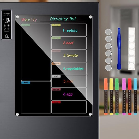 Fridge Calendar Meal Planning Board, Dry Erase Acrylic Magnetic Monthly Weekly Calendar Planner for Refrigerator with 6 Colors Markers (Black-Weekly(15.7x11.8))