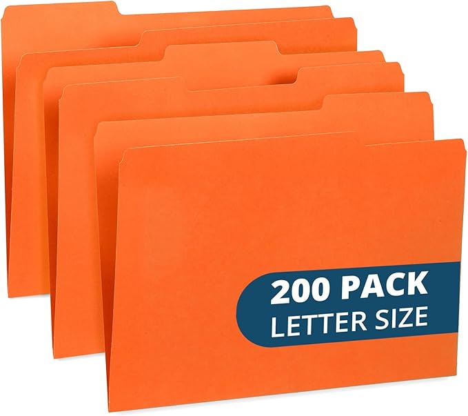 Blue Summit File Folders, Letter Size, 1/3 Tab, Orange, Great for Organizing and Easy File Storage, 200 Per Box