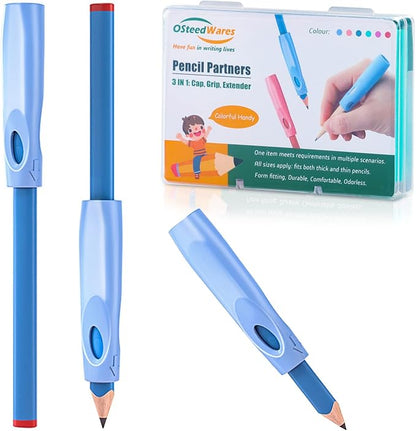 Ergonomic Pencil Grip, Extender & Cap 3 in 1, Silicone Pencil Partners Pack of 6 Pcs for Kids and Adults Handwriting