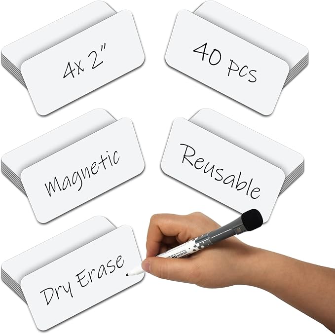 Reusable Magnetic Labels 4x2 Inch White, Dry Erase Magnetic Labels for Whiteboards，Pack of 40