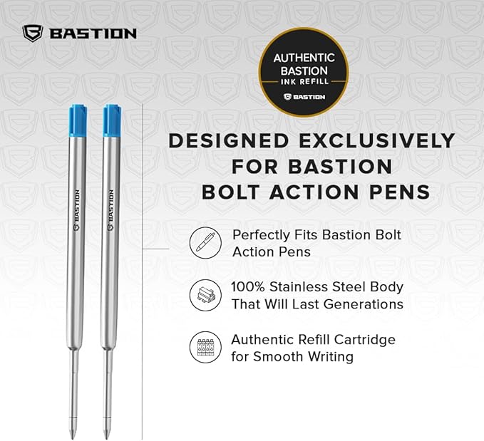 BASTION® Premium Pen Refill, Deeply Pigmented Ink for All Bastion Bolt Action Luxury Pens, Standard Ink Refill with 0.55mm Fine Tip - Blue, 2 Pieces