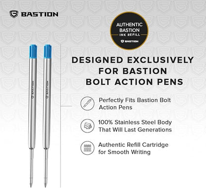BASTION® Premium Pen Refill, Deeply Pigmented Ink for All Bastion Bolt Action Luxury Pens, Standard Ink Refill with 0.55mm Fine Tip - Blue, 2 Pieces