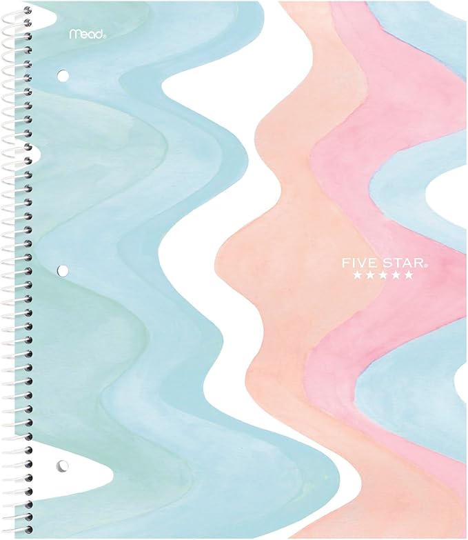 Five Star Spiral Notebook + Study App, 2 Pack, 1 Subject, Wide Ruled, 8" x 10-1/2", 80 Sheets, Pastels (930210F-ECM)