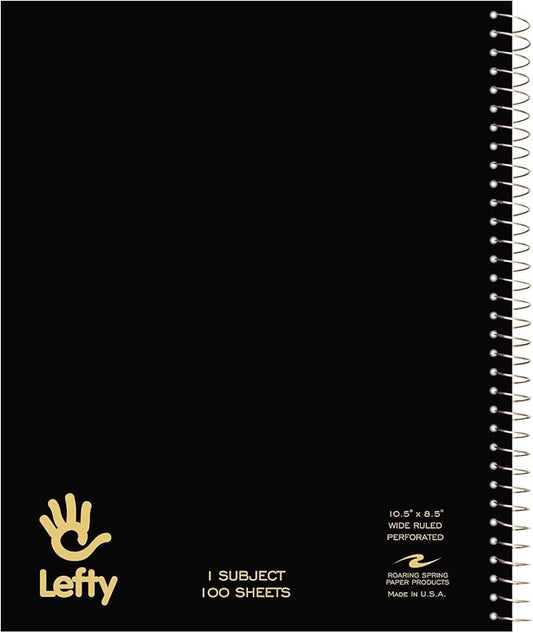 Roaring Spring Lefty Spiral Notebook, Wide Ruled One Subject Left Handed Notebook, 10.5" x 8.5", 100 Sheets, Assorted Color Covers