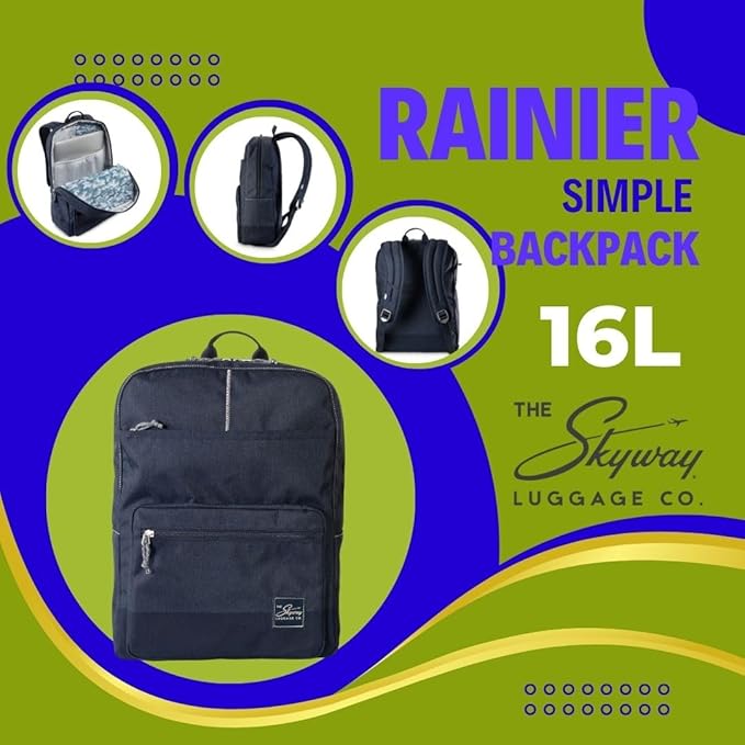 Skyway Luggage Rainier Simple Backpack, Eco-Friendly Made of 100% rPET Travel Laptop Bag for Women & Men, Flight Approved Carry On Bag, 16L, Tahoe Blue
