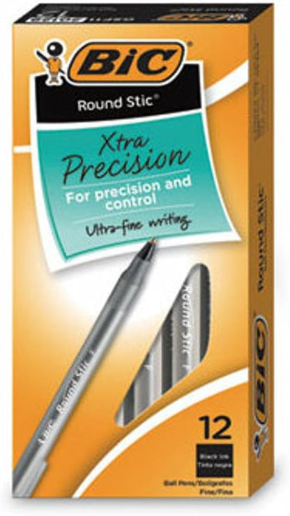 BIC Round Stic Xtra Precision Ballpoint Pen, Fine Point (0.8mm), Black, 12-Count
