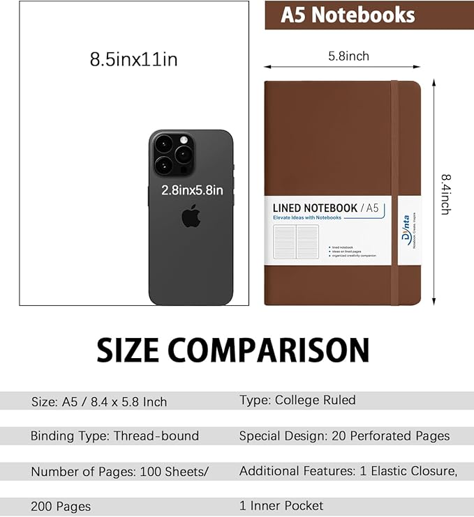 Hardcover Journal Notebooks, 10 Packs A5 Lined Journals Bulk for Writing 200 Pages/100Sheets, 8.4 x 5.8 inch, Classic Ruled Notebook for Work/Travel/College/Note Taking(Brown)