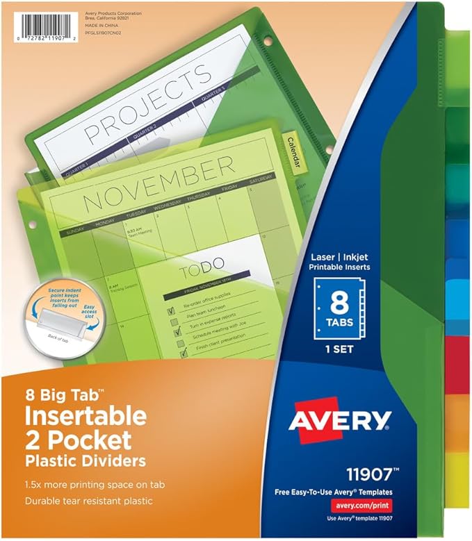 Avery Dividers for 3 Ring Binders, 8-Tab Sets, Two-Pocket Plastic Binder Dividers with Tabs, Multicolor, 24 Sets (11907)