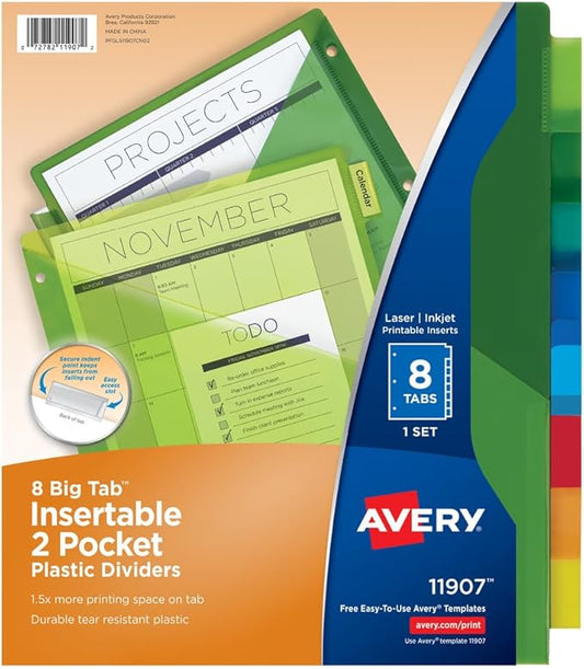 Avery Dividers for 3 Ring Binders, 8-Tab Sets, Two-Pocket Plastic Binder Dividers with Tabs, Multicolor, 24 Sets (11907)
