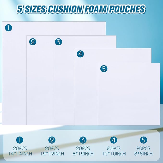 100 Pack Foam Pouches for Packing Supplies Cushion Foam Pouch for Dishes Chinaware Glasses Moving Fragile Items Wrapping and Transportation Storage (5 Sizes)