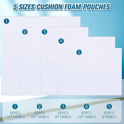 100 Pack Foam Pouches for Packing Supplies Cushion Foam Pouch for Dishes Chinaware Glasses Moving Fragile Items Wrapping and Transportation Storage (5 Sizes)