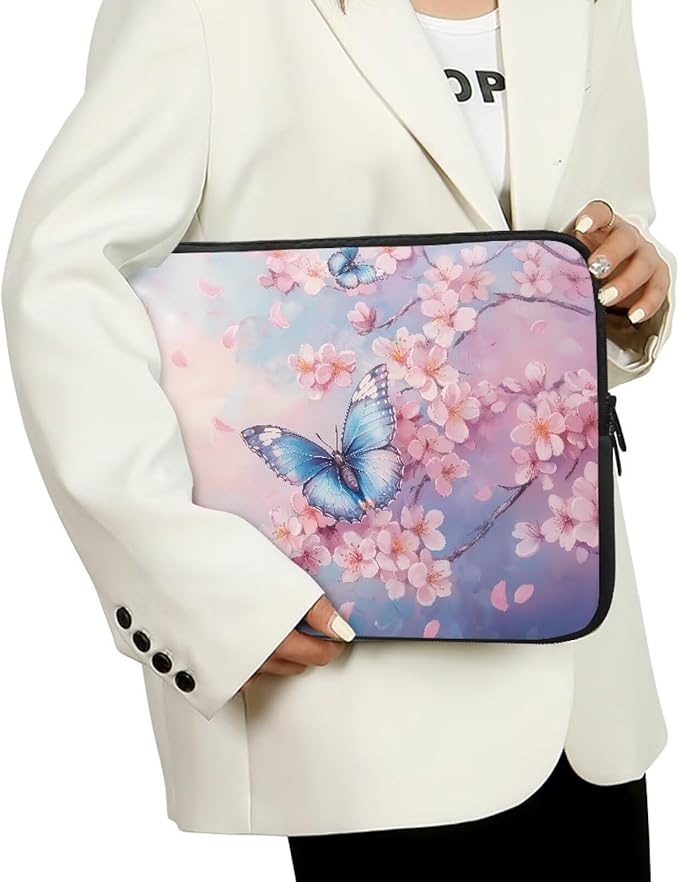Butterfly Print Laptop Bag for Girls, 12 Inch Peach Blossom Laptop Sleeve Soft Laptop Case Bag for Girls, Waterproof Laptop Briefcase Computer Bag with Zipper