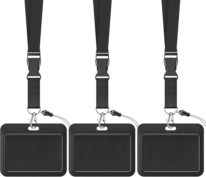Uniclife 3 Pack Sliding Badge Holder Hard Black Horizontal Plastic Card Case Protector with Lanyard Strap Metal Buckle and Clip for Office School ID Credit Key Card Driver’s License and Pass
