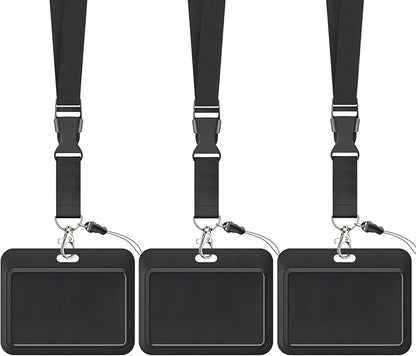 Uniclife 3 Pack Sliding Badge Holder Hard Black Horizontal Plastic Card Case Protector with Lanyard Strap Metal Buckle and Clip for Office School ID Credit Key Card Driver’s License and Pass