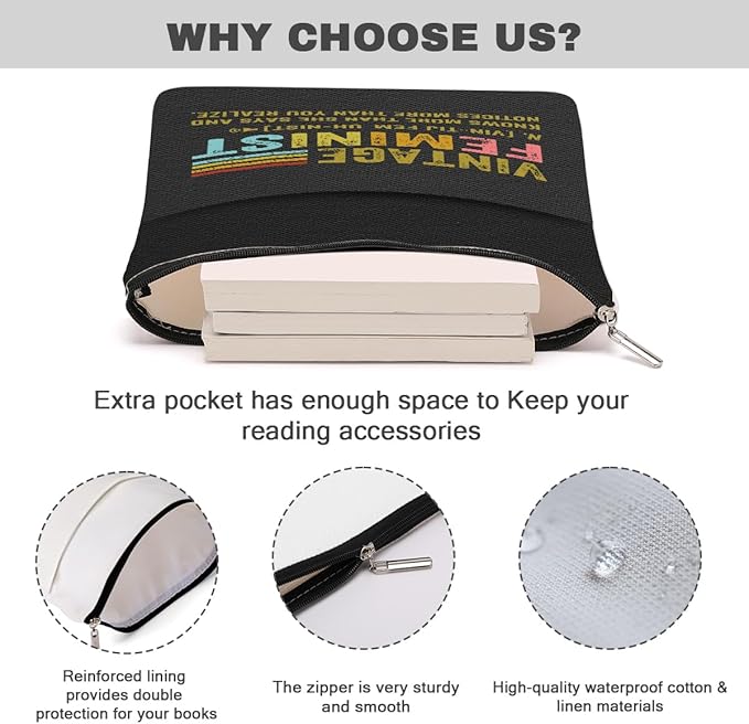 Book Themed Gifts Waterproof Book Sleeve Book Pouch Feminism Equality Rights Reading Gifts for Women Friend Book Covers for Paperbacks Book Accessories Book Protector with Zipper and Front Pocket