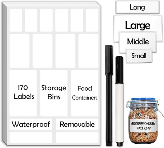 170Pcs White Removable Labels for Jars,for Storage Bins,for Food Containers with 2 Liquid Chalk Marker(White)