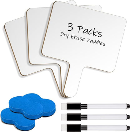 3Packs Dry Erase Paddles with Handle, 3Pcs Double Sided Answer Paddle White Boards with 3 Markers and 3 Erasers for Teaching Meeting Supplies