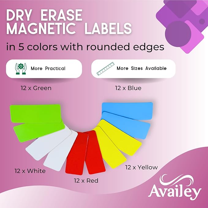 Availey 60 Pieces (3.2 x 1.2") - Full Colored Magnetic Dry Erase Labels - Reusable Strips for Classroom Home Office Garage Refrigerator Blank Writable Erasable Cards Name Tags Students Locker Shelf