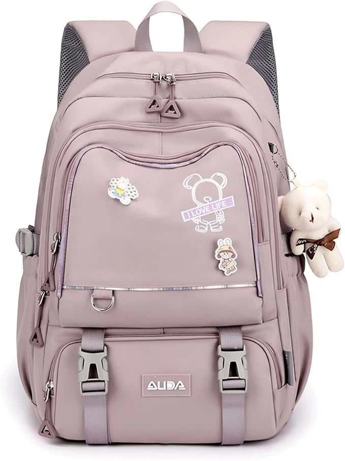 Cute School Laptop Backpack with Large Capacity Multiple Pockets for Girls Travel Friendly with Luggage Strap Accessory Included (Purple)