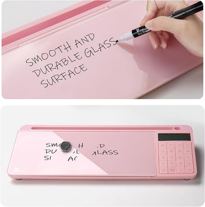 TOWON Desktop Whiteboard with Electronic Calculator and Mirror, Pink Desk Glass Whiteboard Organized, Glass Desktop Dry Erase Board with Accessories for Home Office Supply, Keyboard Dry Erase Notepad