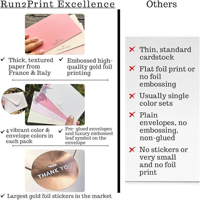 RUN2PRINT (36 Pack Thank You Cards With Envelopes & Foil Stickers - Elegant Dusty Pink Emboss Gold Foil Pressed - Blank Notes Wedding, Bridal, Baby Shower, Business and Formal All Occasion Cards