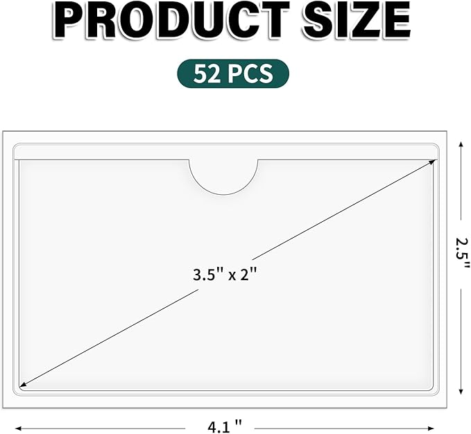 52 Pack Index Card Pockets with Top Open, 3.5 x 2 Inch Adhesive Label Pockets Clear Plastic Index Card Holder for Organizing, Storage Bins, Library Cards, Notes