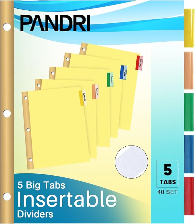 Binder Divider, PANDRI 200 Pack Binder Index Dividers with 5 Tabs and Sticky Notes, Letter Size Paper Binder Divider for School Office Home Business