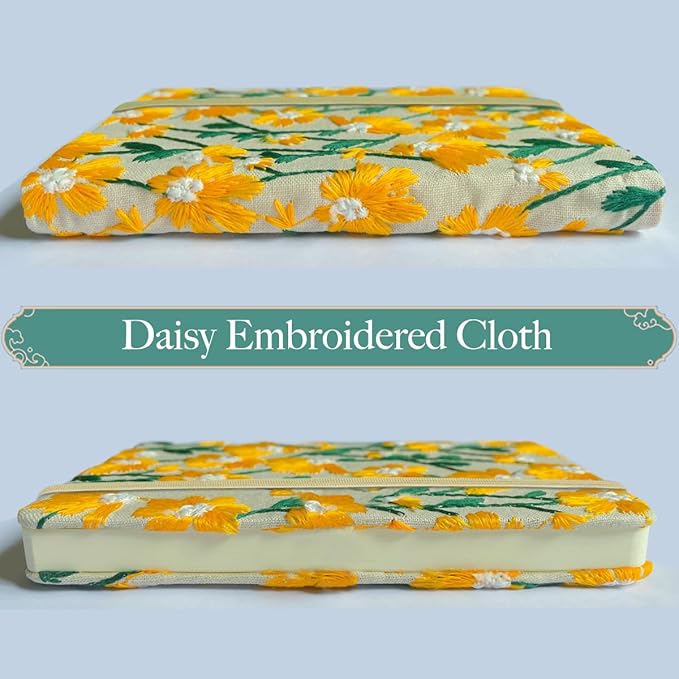 Daisy Gifts for Women, Flower Embroidered Journal, Pocket Sketchbook, A6, Small Unlined Notebook 4x6, Hardcover, Lay Flat, Elastic Band, Cute Notebooks, Pretty Journal, Yellow Daisy