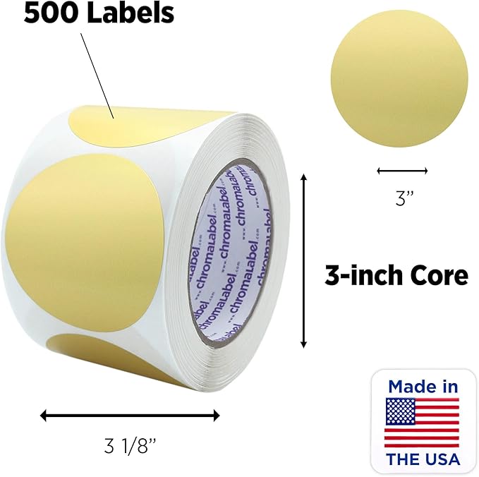 ChromaLabel 3 Inch Round Label Permanent Color Code Dot Stickers, 500 Labels per Roll, Metallic Gold