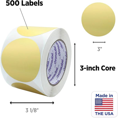 ChromaLabel 3 Inch Round Label Permanent Color Code Dot Stickers, 500 Labels per Roll, Metallic Gold