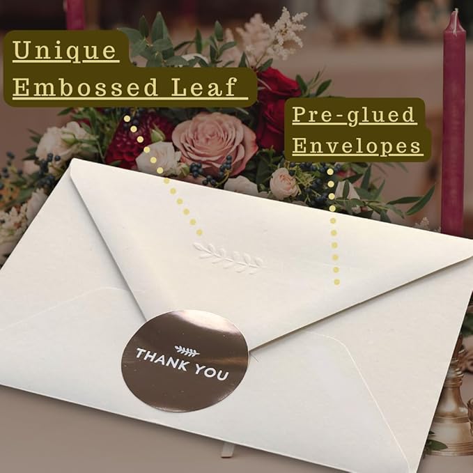 (36 Pack) RUN2PRINT Thank You Cards With Envelopes & Gift of 36 Foiled Stickers - Elegant Emboss Rose Gold Foil Pressed Blank Notes Wedding All Occasion Cards (Ivory)