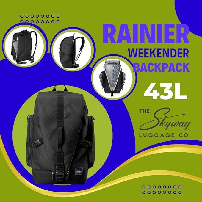 Skyway Luggage Rainier Weekender Backpack, Eco-Friendly, Made of 100% rPET Travel Laptop Bag for Women & Men, Flight Approved Carry On Bag, 43L, Crater Black