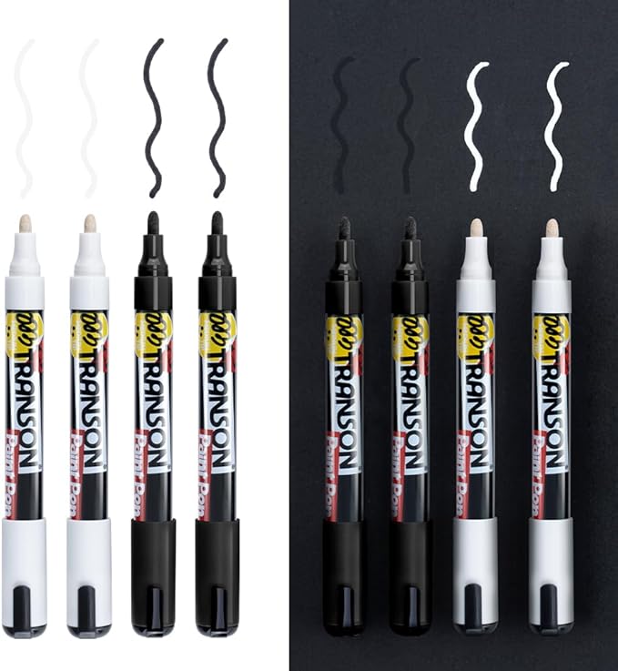 TRANSON 2 Black and 2 White Paint Markers for Fabric Rock Craft Diy Painting Medium Tip Oil Based Waterproof