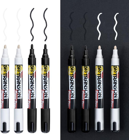 TRANSON 2 Black and 2 White Paint Markers for Fabric Rock Craft Diy Painting Medium Tip Oil Based Waterproof