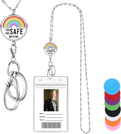 Lanyards for ID Badges, Teacher Lanyard with ID Holder Teacher Appreciation Gifts Nurse Accessories Work Jewelry Stainless Steel Chain Keychain Necklace Badge Lanyards for Women You are Safe with Me