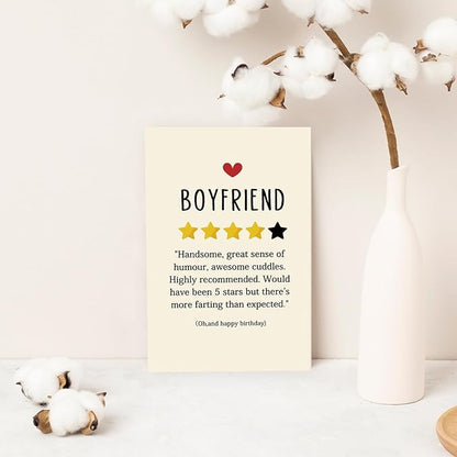 Funny Birthday Card for Boyfriend，Happy Birthday Cards Gifts for Men Him，Humorous 4-Star Review Bday Gift Card for Boyfriend，Romantic Birthday Gifts for Boyfriend from Girlfriend