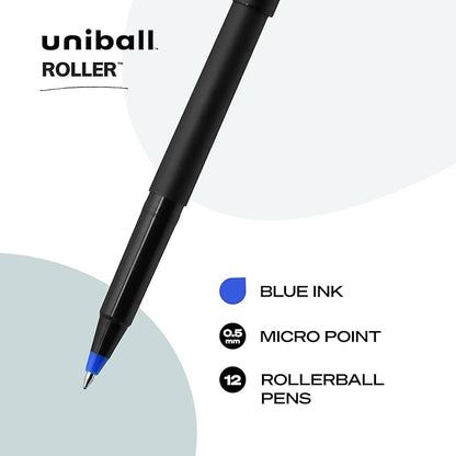 uni Roller Ball Stick Pens, 0.5 mm Micro Tip, Blue, Pack of 12