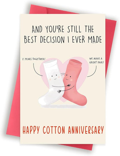 Happy 2nd for Him & Her, Funny 2nd Wedding Card for Women & Men, Cotton Anniversary Greeting Cards for Husband & Wife, Cute 2 Year Anniversary Decorations
