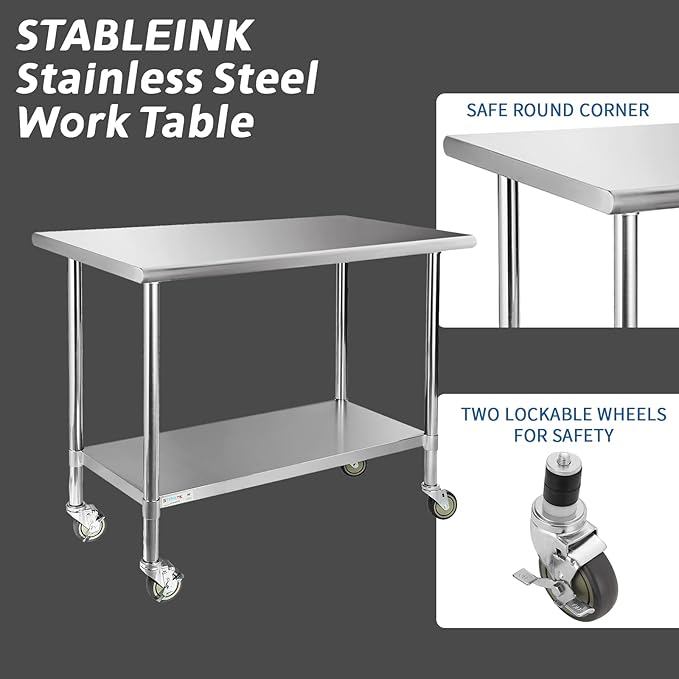 STABLEINK Stainless Steel Table with Caster Wheels 24 x 48 Inches, NSF Commercial Prep & Work Table with Adjustable Undershelf and Table Foot, for Commercial Kitchen, Restaurant, Hotel and Garage