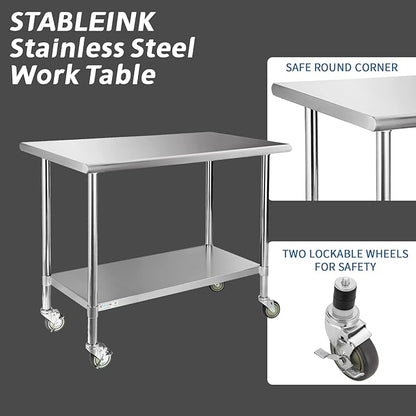 STABLEINK Stainless Steel Table with Caster Wheels 24 x 48 Inches, NSF Commercial Prep & Work Table with Adjustable Undershelf and Table Foot, for Commercial Kitchen, Restaurant, Hotel and Garage